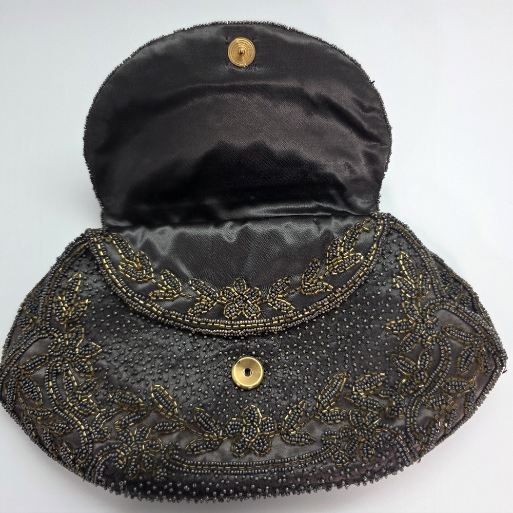Vintage French Beaded Clutch Taupe Bronze Art Deco Evening Bag Micro Bead Floral - Picture 9 of 15